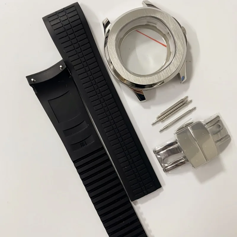 Para acessórios de montagem de movimento nh35 caixa de granada + pulseira de borracha + conjunto de fivela safira se encaixa no mostrador de 32mm