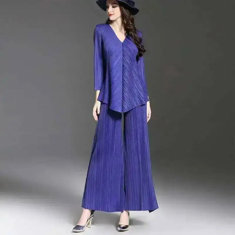 

Sets Two Pieces for Women V-neck Solid Color Pleated Elastic Waist Casual Pants Suits Female New 2025 Spring EC6H