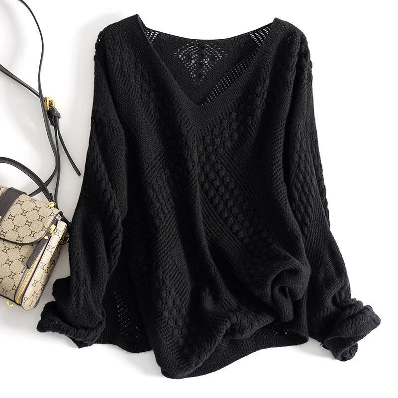 

plus Size Knitted V-Ne Long Sve Hollow out Hook Flower Design Loose Fit Comfortable Women's Sweater for Autumn Winter