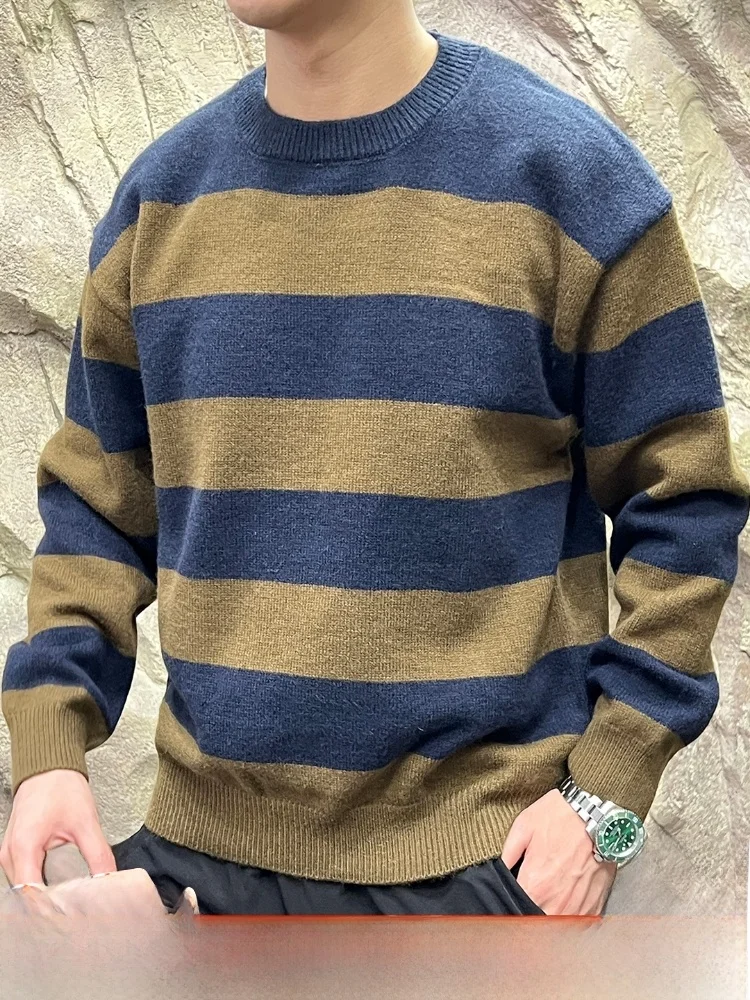 

Retro Waed Striped Knit Sweater Casual Men's Inner Wear Autumn Winter round Ne Pullover Faionable Line
