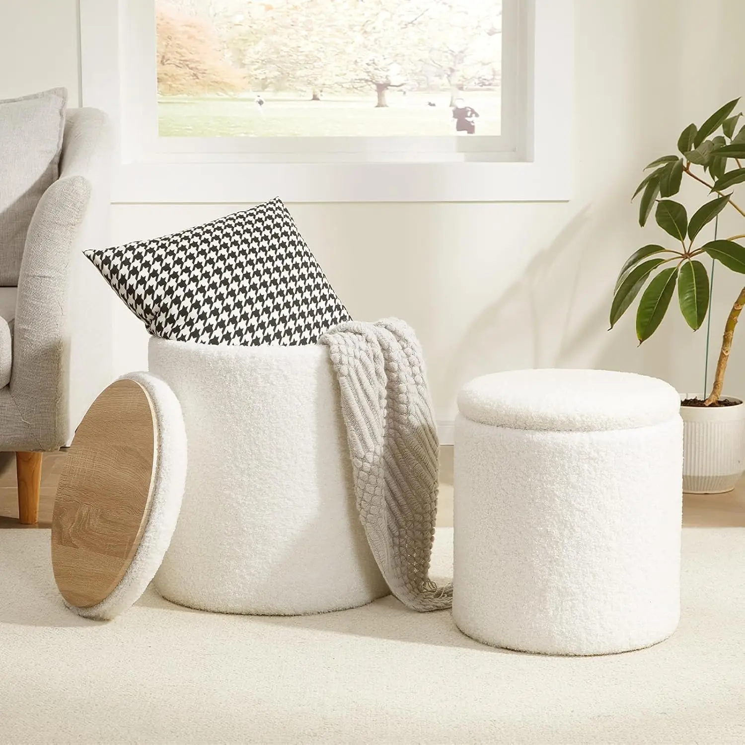 

Boucle Round Ottoman with Storage Set of 2,Small Foot Stool Ottoman for Living Room, Small Coffee Table,Vanity Stool with Storag