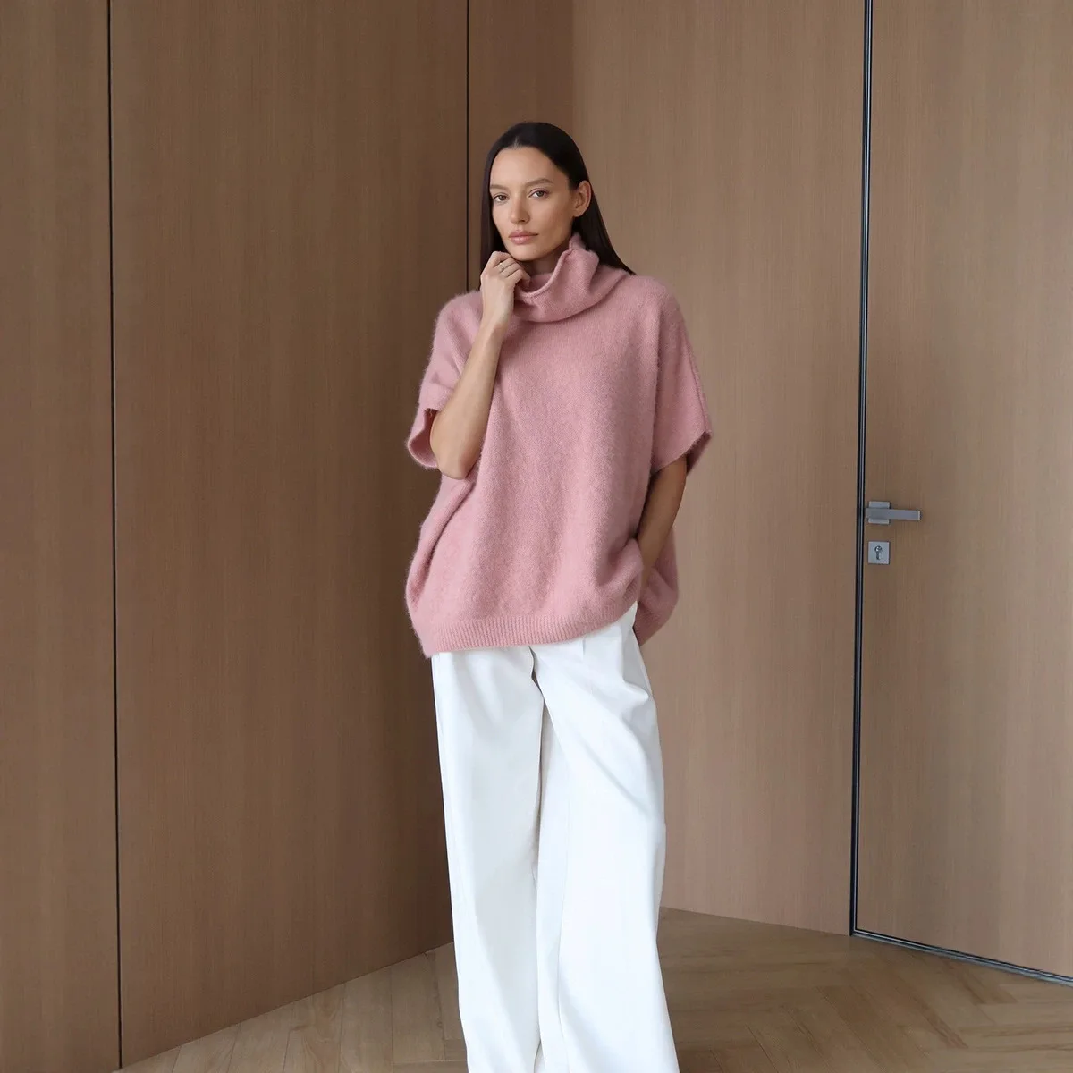 Casual Daily Fall Winter Top Women's Beige Turtleneck Cable Knit Sweater Batwing Short Sleeve Loose Cropped Pullover