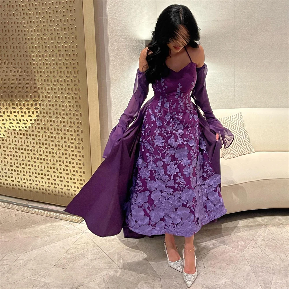 

Tarot Fashion Sweetheart Appliques Prom Dresses Chiffon A Line Long Bell Sleeves Evening Gowns 2024 Ankle Length robes de soirée