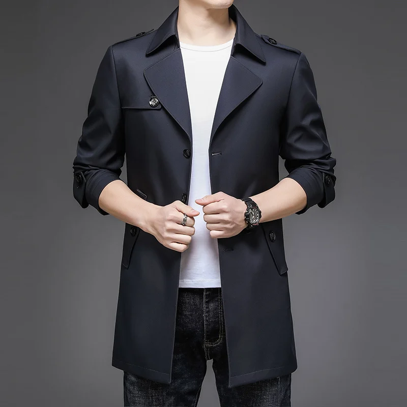 

Mens Casual Outerwear Jackets Windbreaker Single Breasted Long Windbreaker Coat 2025 Spring Autumn England Style Lapel Jacket