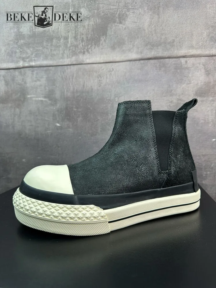 

Мужские однотонные ботильоны из конской кожи в стиле ретро в уличном стиле, однотонные ботинки без шнуровки на платформе с круглым носком, увеличивающие рост