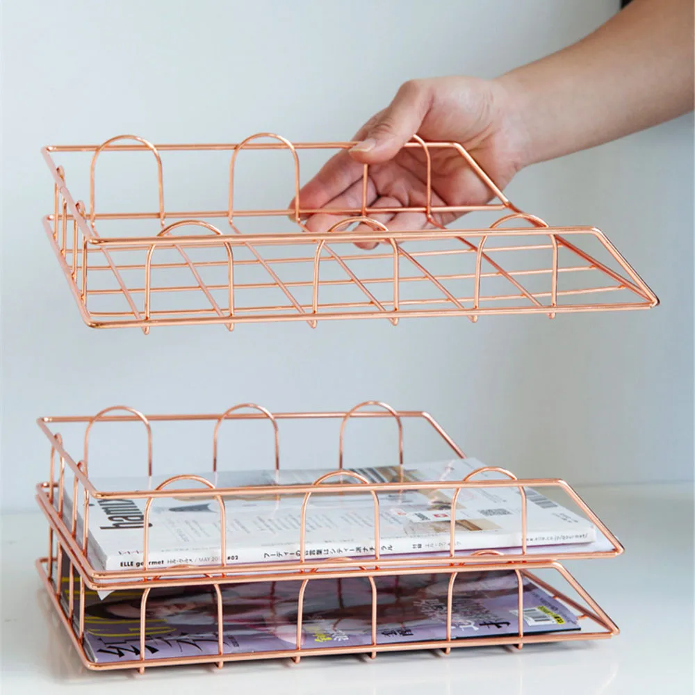 1 Layer File Rack, Office Desktop Storage Basket, Stackable Iron Baskets,Rose Gold Metal Rack for A4 parper, magazine, Book