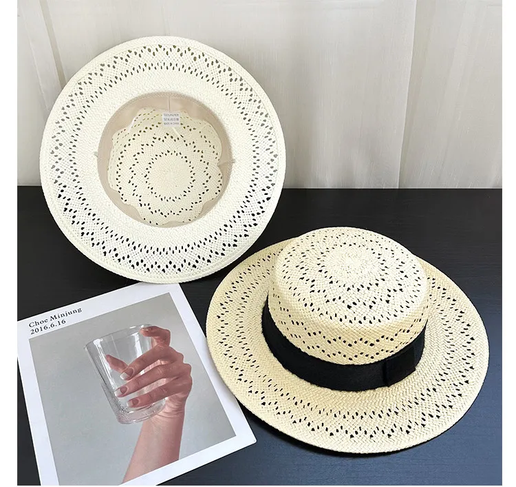 French Elegant Small Fragrant Wind Hollow Straw Hat Children's Summer Seaside Vacation Flat Top Top Hat Hand-woven Sunscreen Hat