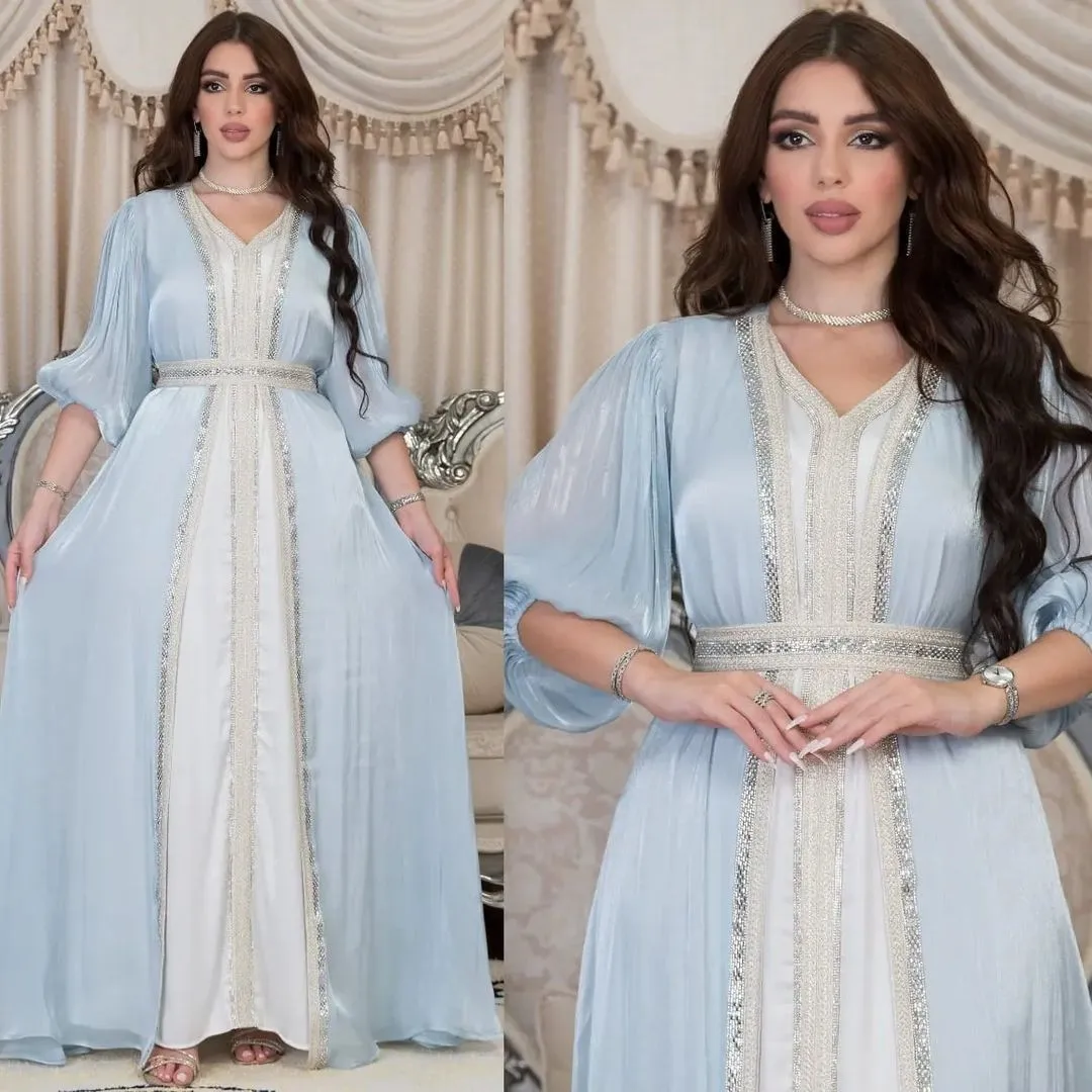 Lavender Sequin Dress V Neck Puffed Sleeves Satin Dresses Belted Waist Floor Length Gown Gold Trim Embroidered Trim Evening view 2
