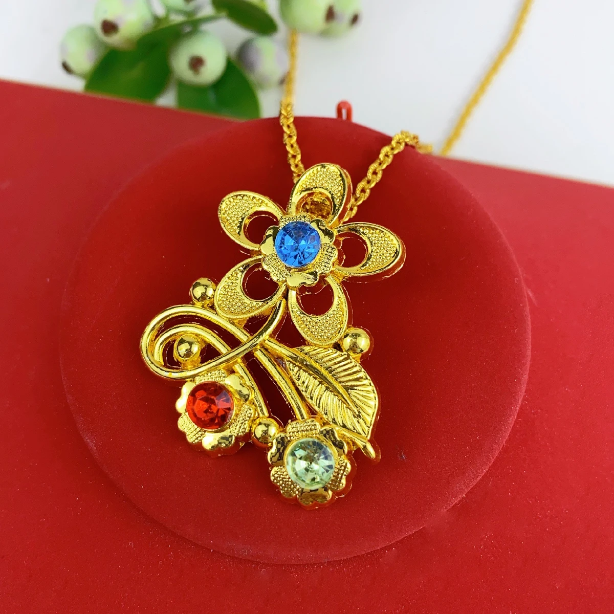Ethiopian Crystal Colorful Heart Shape 18k Gold Plated Pendant Jewelry Sets For Women Dubai Jewellery Wedding Party Gifts