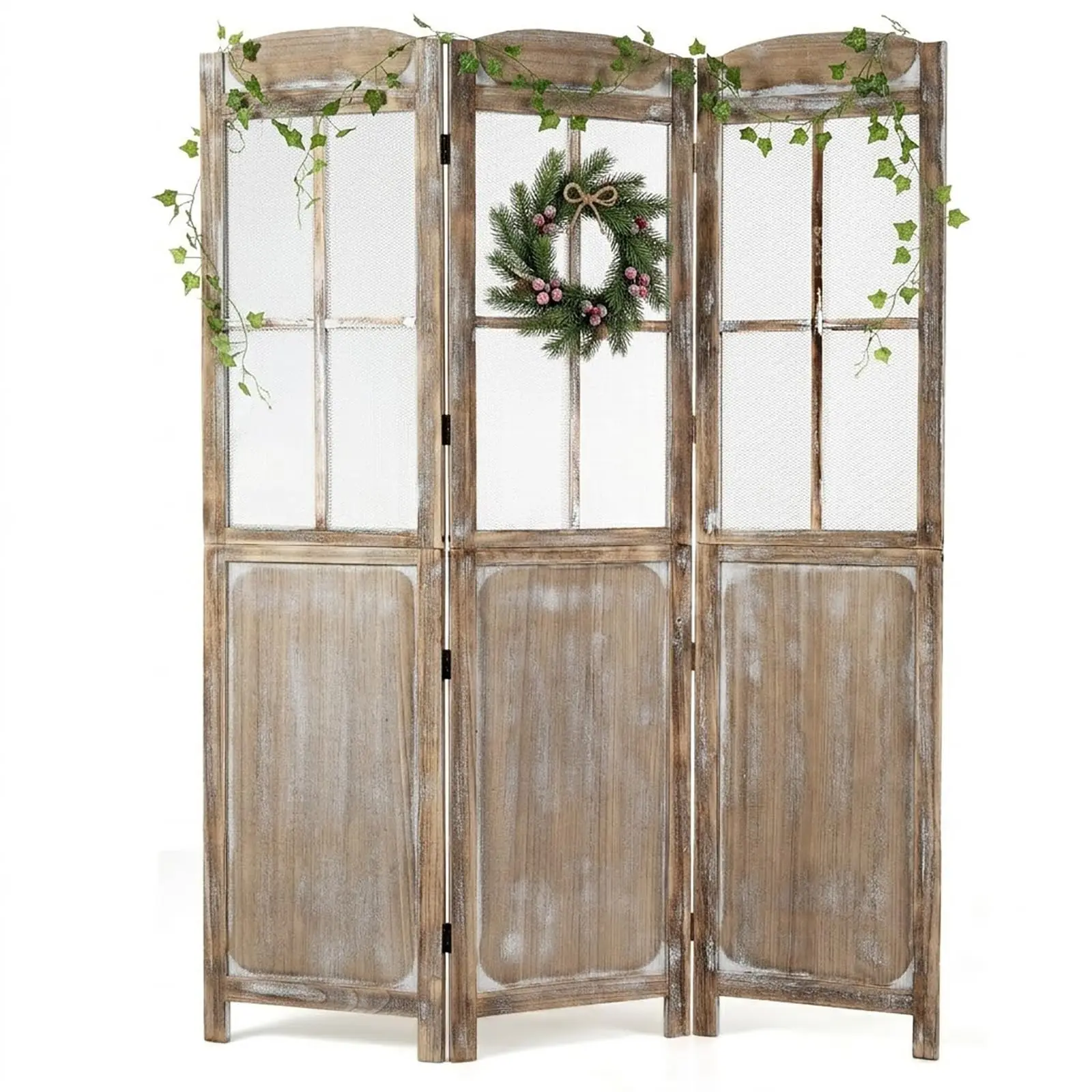 3 Panel Folding Room Divider with Mesh Window, Distressed Brown