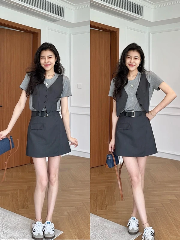 

Zhang a Xing Paris Memoirs Fake Two-Piece ort Sve High Waist Skirt Set Women's Faion Summer Outfit round Ne