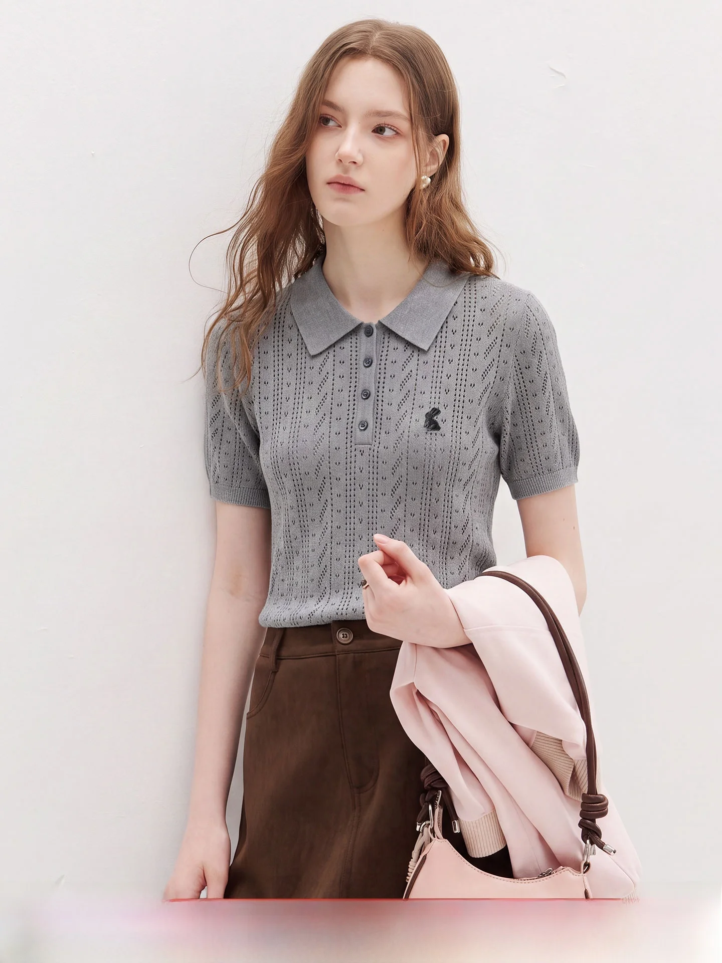 Women's Linen Knitted  Shirt Embroidered Hollow out Breathable Lightweight Top Korean Style Commute Fashion Short Sleeve