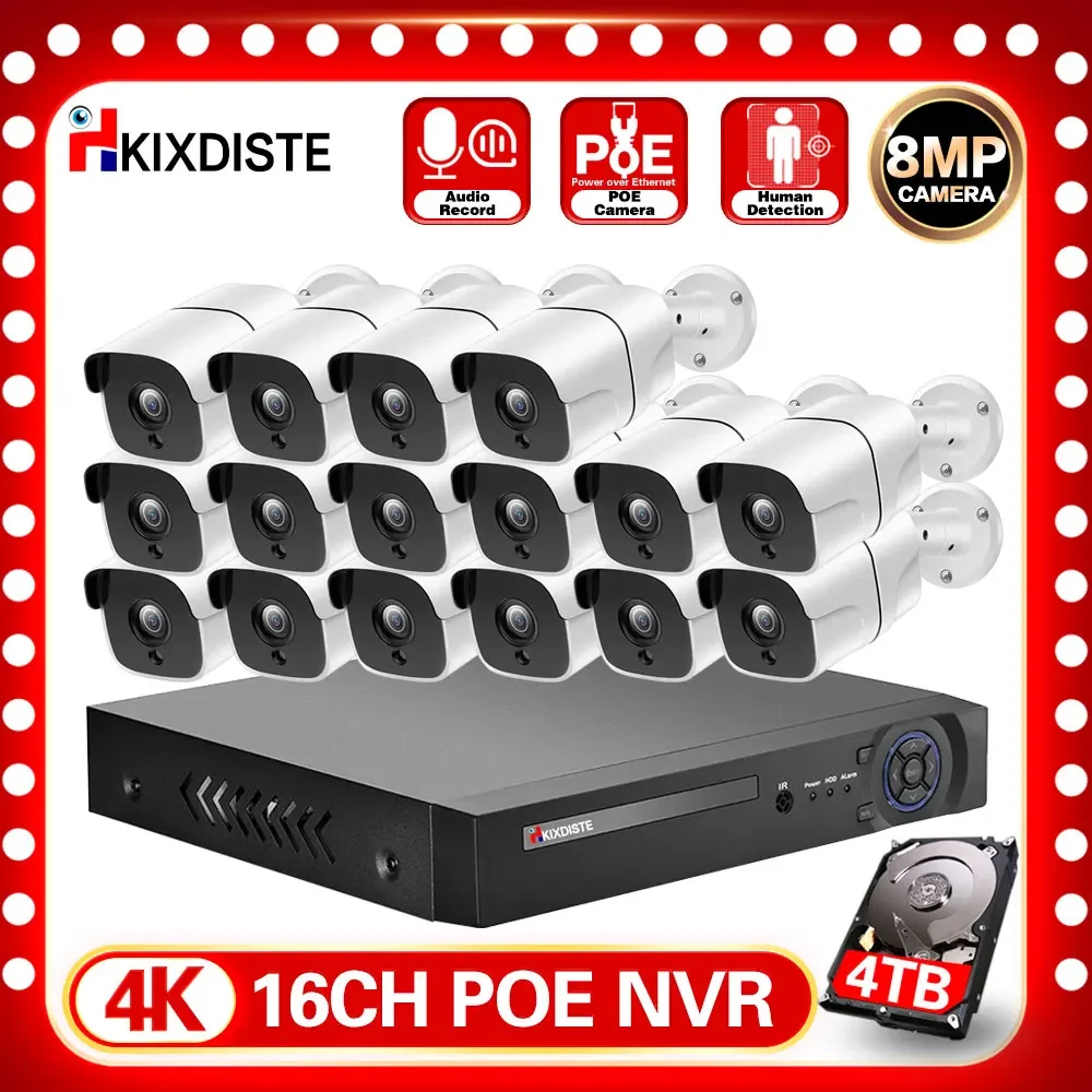 

HD 4K 8MP 16CH Face POE NVR CCTV Video Surveillance Set Human Detect Audio AI IR Night Vision POE Security IP Camera 10CH System