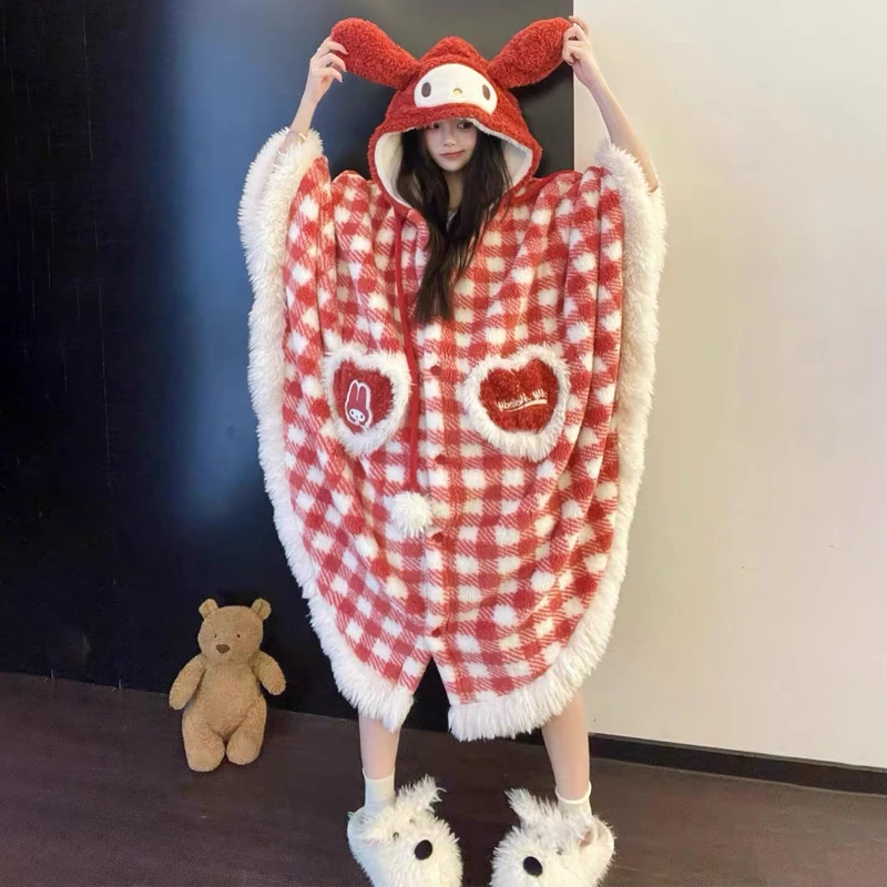

Анимация My Melody, мультяшная ночная рубашка из кораллового флиса с капюшоном, кавайный плюшевый утолщенный теплый и удобный плащ, домашняя одежда, подарок