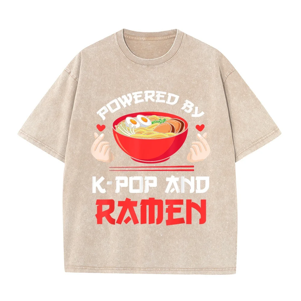 Powered by K-pop and Ramen Merch Merchandise Gift T-Shirt Men's Clothing Freeshippings Items Idea For Wife Short Sleeve Humor