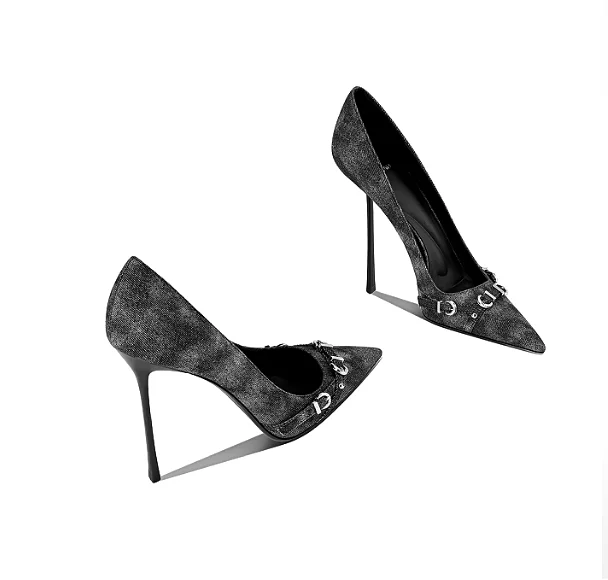 Cowboy pointed high heels, women's slim heels, metal buckles, punk style, black, mature, spring and summer new design sense