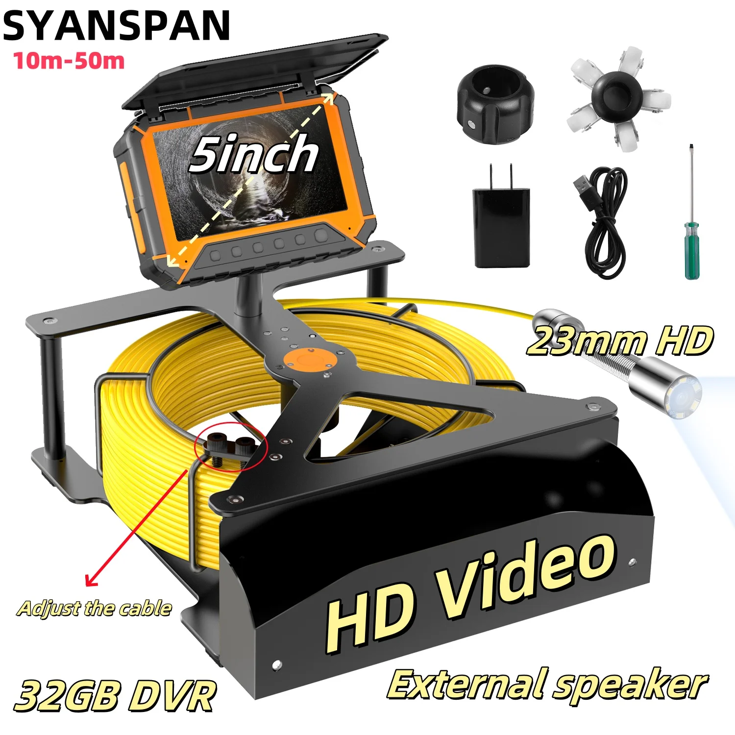 SYANSPAN Pipeline Inspection Camera 5-inch High-Definition 32GB DVR Pipeline Endoscope 10200mAh Battery 23mm Diameter Camera