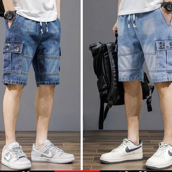 Pantalones cortos hasta la rodilla para hombre, Vaqueros informales holgados con múltiples bolsillos, diseño coreano de lujo con cordón, moda Harajuku, Verano