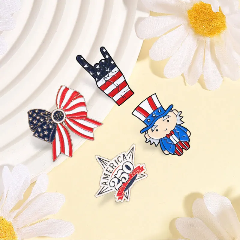 America 250th Anniversary Enamel Pins Set USA Flag Uncle Sam Bow Rock Hand Brooches Patriotic Lapel Badges