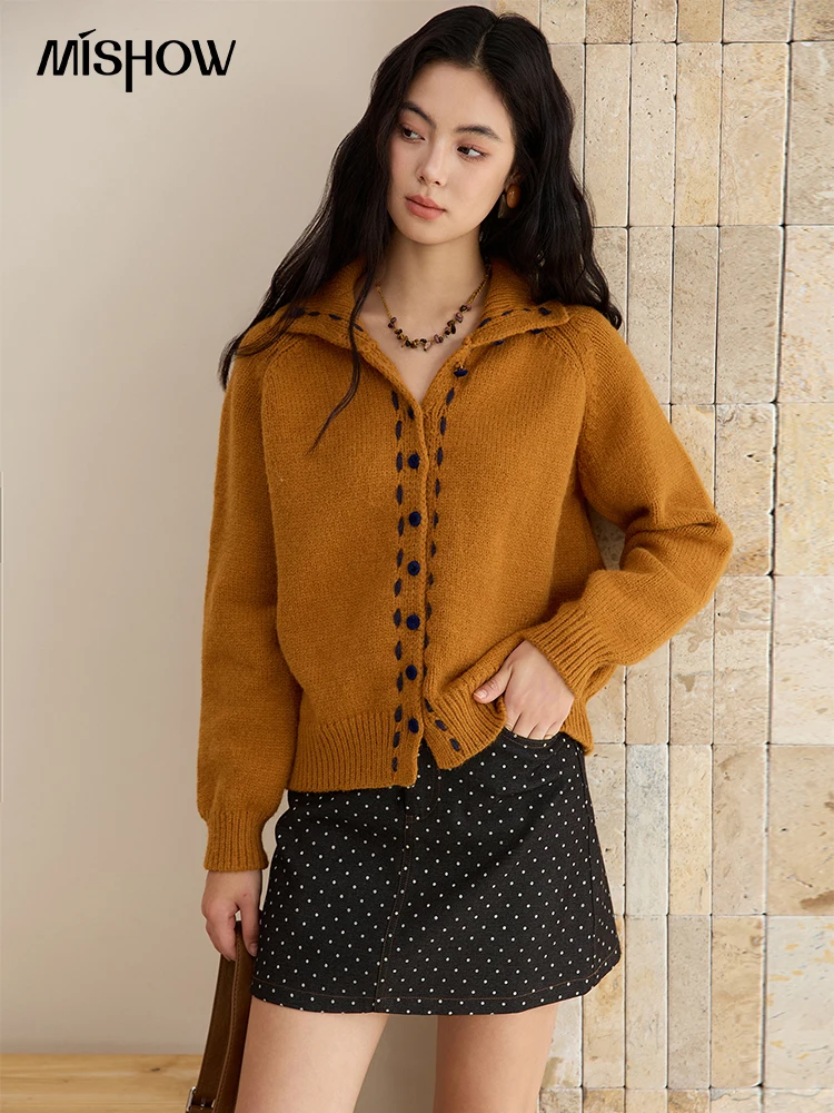 

MISHOW Women's Turtleneck Sweater 2025 Retro Long-sleeved Single-breasted Loose Knit Top Casual Winter Woman Cardigan MXE48Z2617