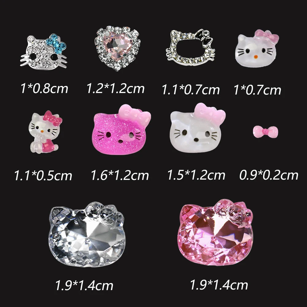 1 Box Alloy Crystal Hello Kitty Nail Charms Kawaii Shiny Kitty Head Bow Diamond Nail Art Rhinestone DIY Manicure Decoraiton