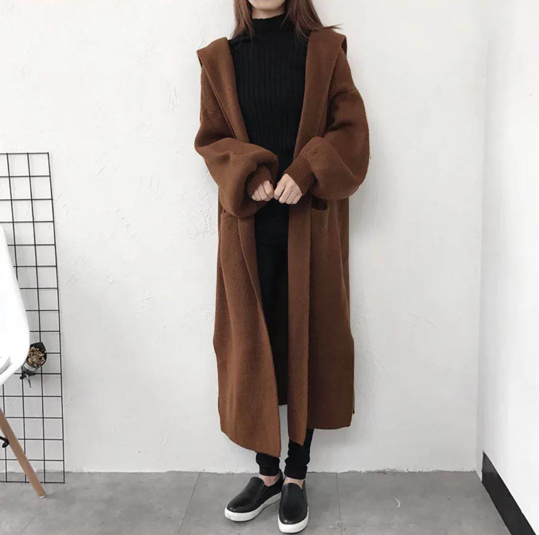 

Women Knitted Cardigan Casual Loose Maxi Sweater Autumn Winter Long Sleeve V Neck Hood Pocket Thick Jumpers Spring Y2k Tops