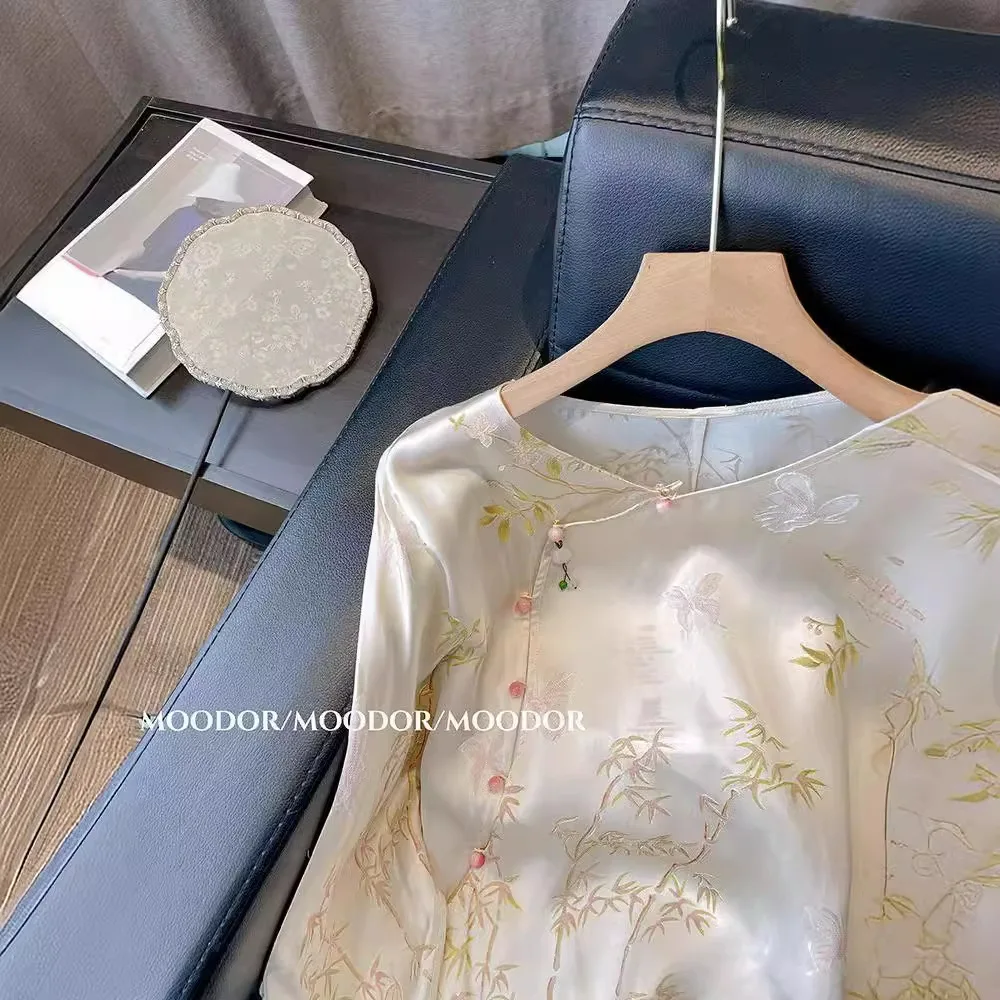 جديد النمط الصيني الخيزران المطبوعة فضفاضة قصيرة الأكمام جولة الرقبة قميص المرأة الصيف خمر بلوزة الشباب