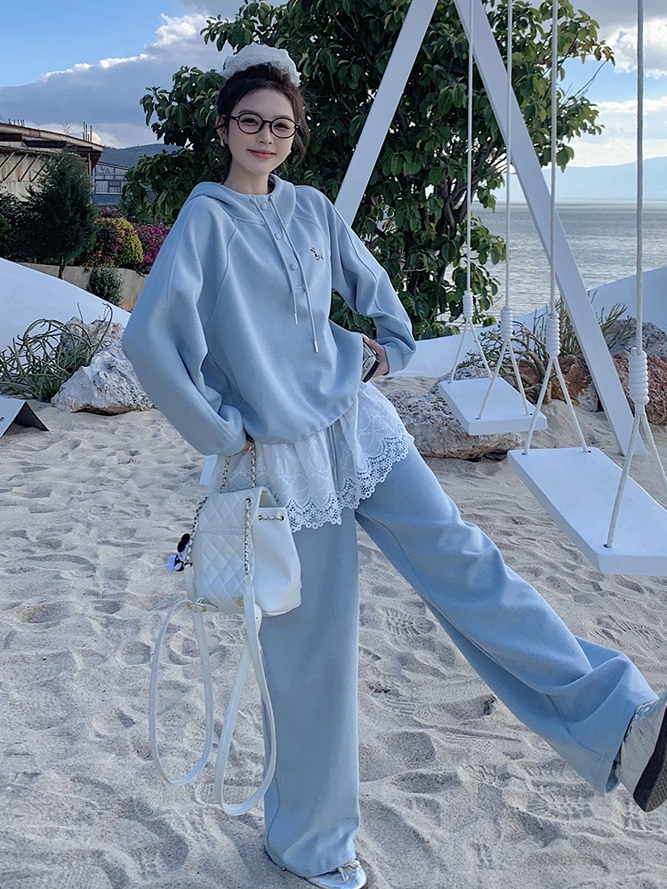 

Blue Hoodie And Lace Patchwork Pants Two-Piece Set for Women Spring 2026 Faionable Youthful Ensemble Long Sve Polyester