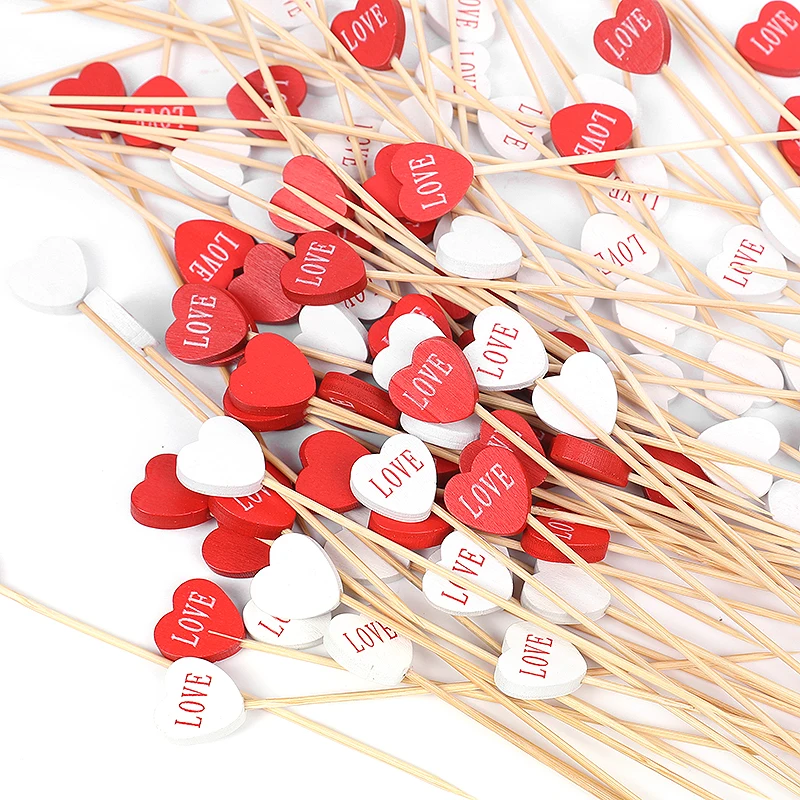 100pcs Valentine's Day Disposable Bamboo Skewer Love Heart Cocktail Picks Buffet Food Fruit Toothpicks Fork Wedding Party Decor