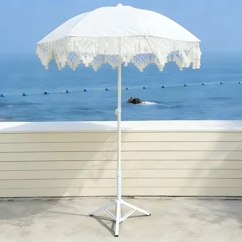 Natural Beach Style Casual Light White Triangle Woven Fringe Sunshade Outdoor Beach Umbrella