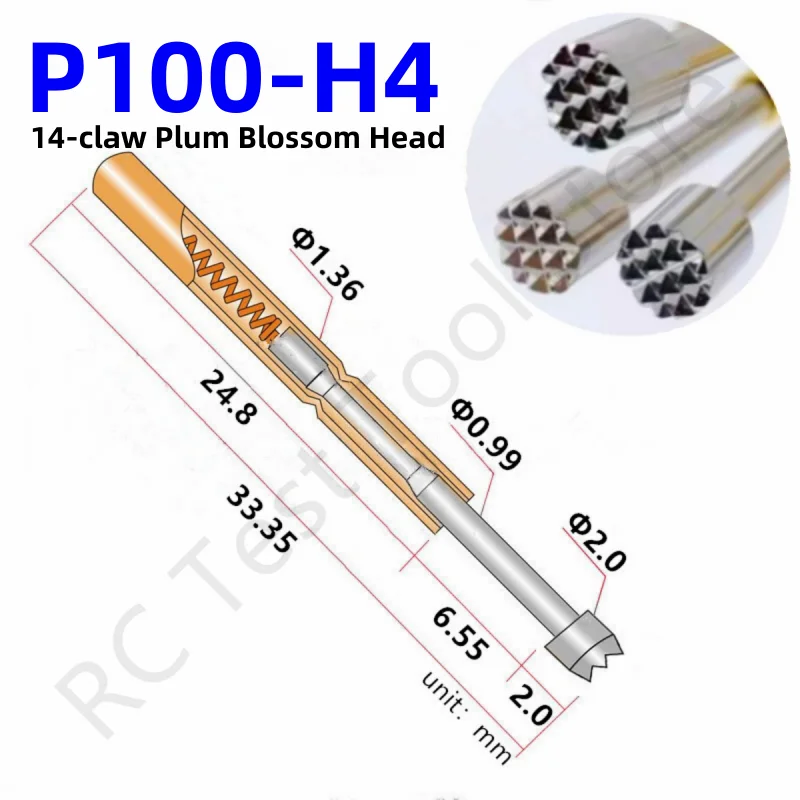 

100PCS P100-H4 33.35mm 14-claw Plum Blossom Head Dia 2.0mm Needle Spring Test Probe P100-H Dia 1.36mm Circuit Board Test Tool