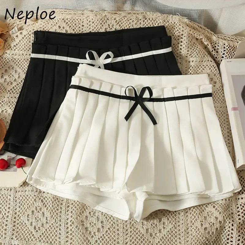 

Neploe Japanese College Style Pleated Skirts 2024 Summer Bow Tie High Waist Short Jupes Femme Solid Color Thin A-Line Faldas