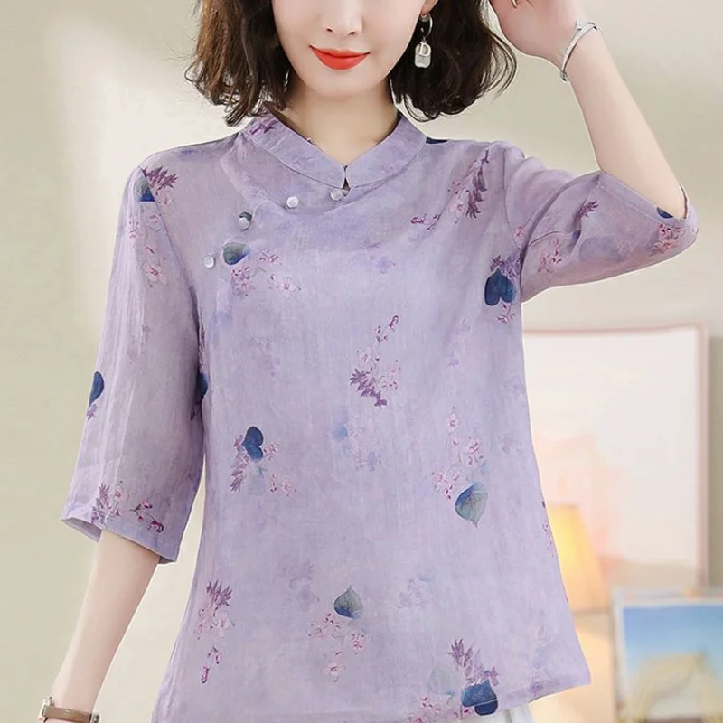 Women\'s Summer New Stand Up Collar Cotton Hemp Pullover Fashion Retro Ethnic Style Button Print Casual Versatile 3/4 Sleeve Tops