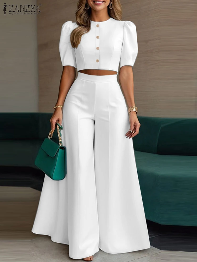 ZANZEA Street Fashion Woman 2 Piece Sets Stylowe krótkie topy z bufiastymi rękawami Spodnie z szerokimi nogawkami 2PCS Eleganckie zestawy biurowych spodni