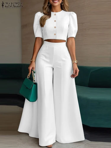 Imagen 2 del producto ZANZEA moda urbana mujer conjuntos de 2 piezas elegante manga corta Puff Crop Tops pantalones de pierna ancha 2 uds conjunto elegante pantalones de oficina conjuntos
