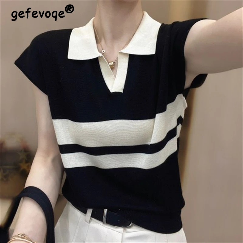 

Women Simple Fashion Striped Polo Collar Ice Silk Thin Knitted T Shirt 2024Summer Female Casual Short Sleeve Loose Pullover Tops