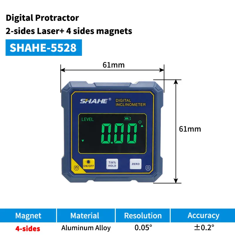 SHAHE Oplaadbare digitale hoekzoeker met dubbele laser - 4-zijdige magnetische inclinometer Houtbewerking Meetinstrument Niveaukast