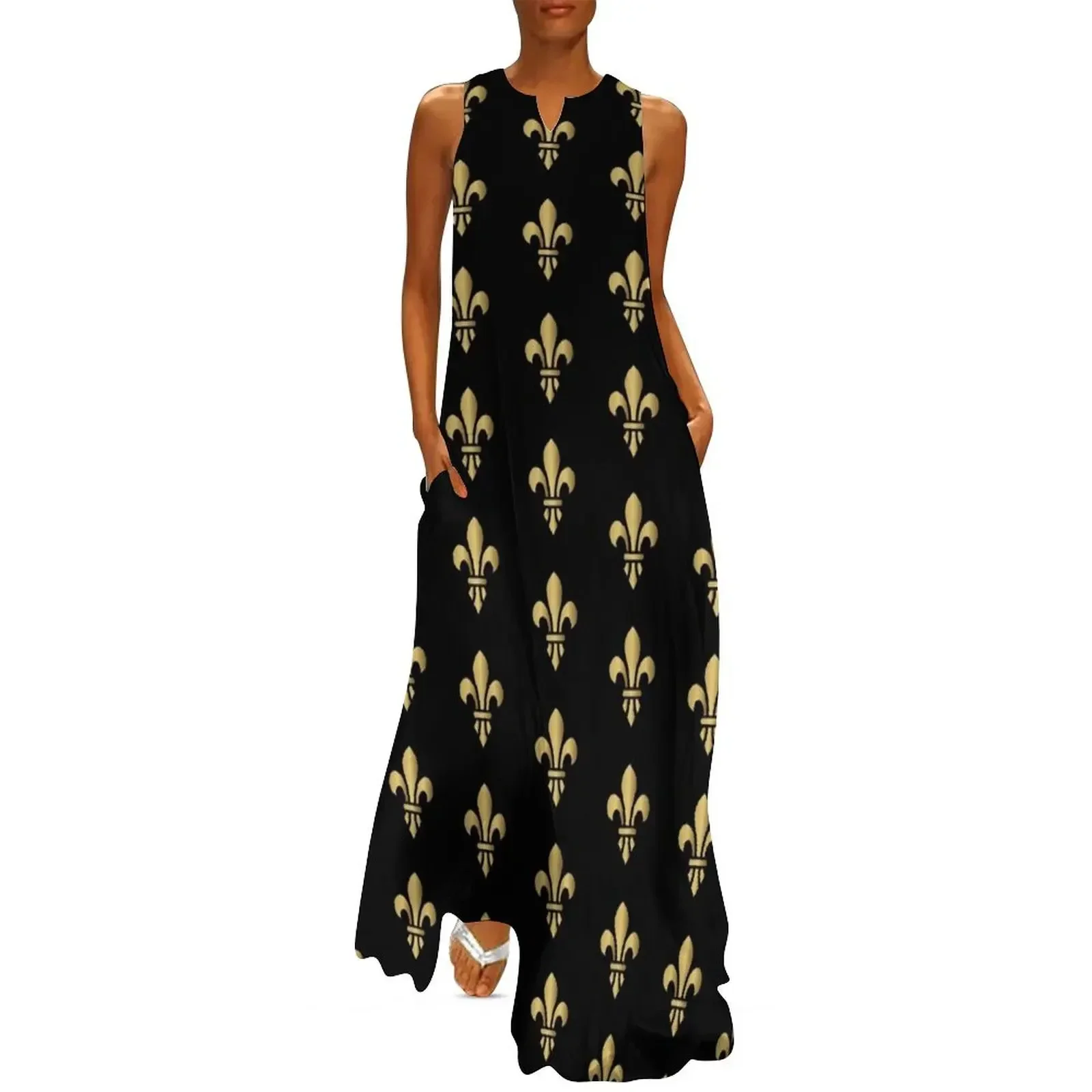 

Royal heraldic golden lilies on Black background seamless pattern Long Dress Woman fashion woman dress cocktail dresses Dress