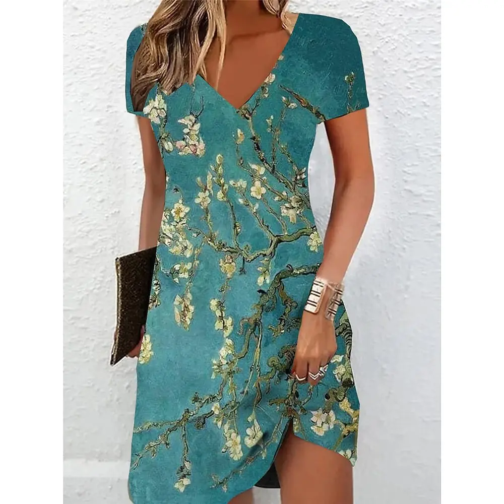 Summer Floral Dress For Women Fashion Print V-neck Clothing Elegant Evening Party Dresses Vestidos Casual Short Sleeve Sundress