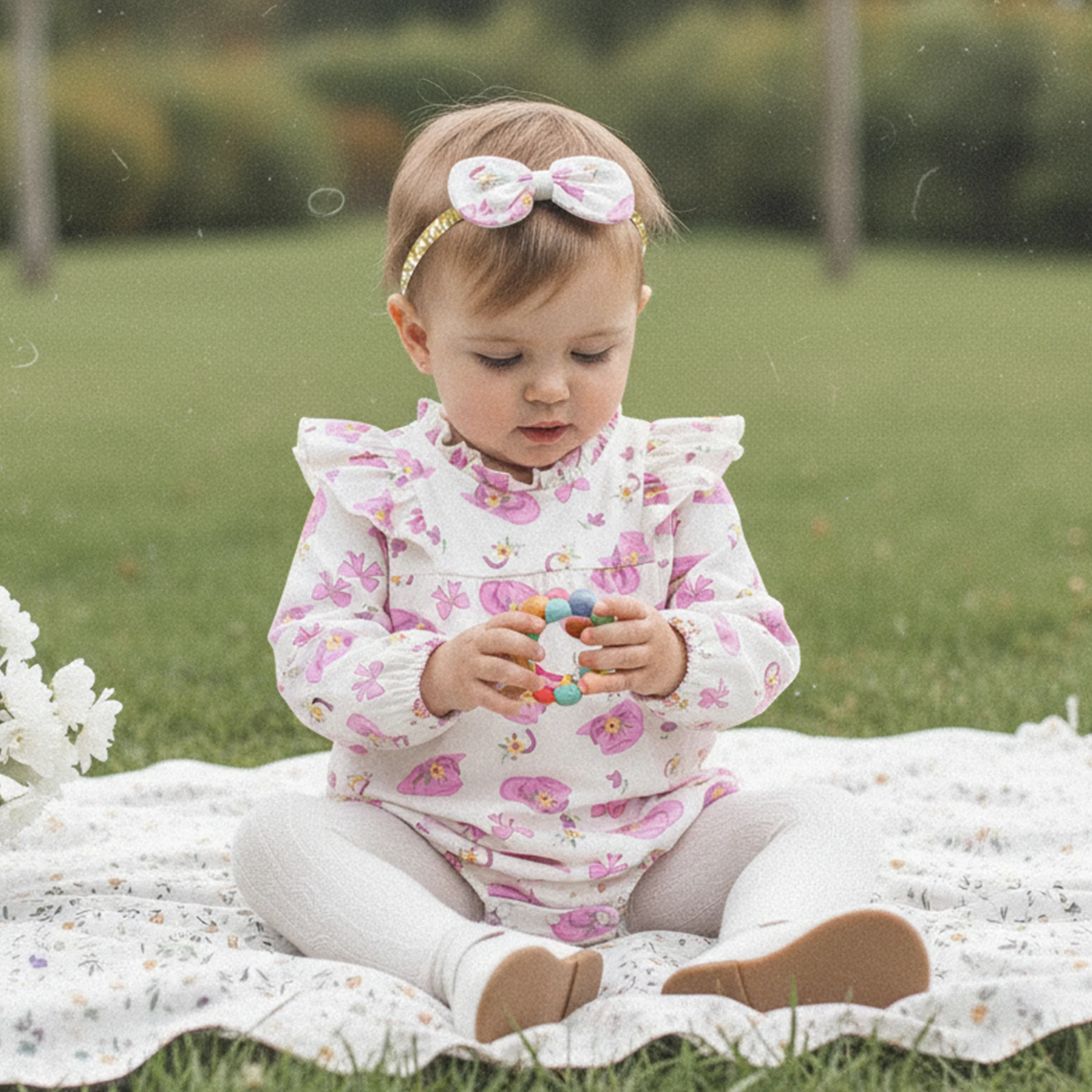 زي رومبير لطيف للفتيات حديثي الولادة، رومبير مكشكش بأكمام طويلة ورقبة دائرية وطباعة فيونكة مع ربطة شعر لملابس ربيع الخريف #5