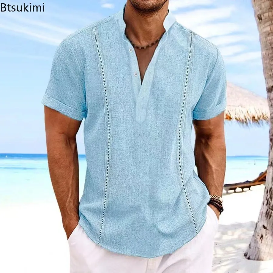 

Summer Men's Short Sleeve Patchwork Shirts 2024 Fashion Casual Solid V-neck Simple Tops Men Loose Comfy Beach Vacation T-shirts