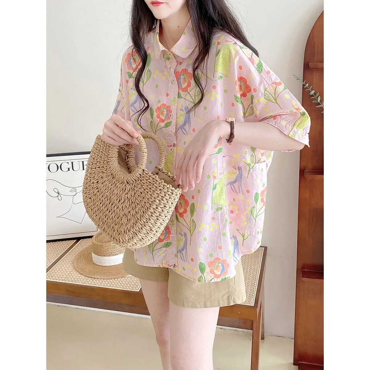 2024 Doll Collar Shirt Coat Thin Style Extravasation Summer Harajuku Wind Side Pockets Loose Flower Printing Comfortable Tops