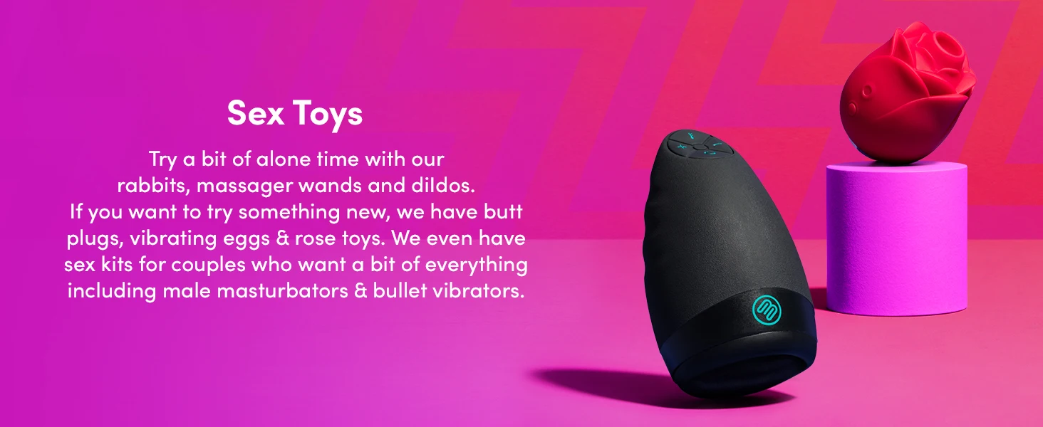 Product display featuring black and red personal massage devices against vibrant pink background with promotional text.