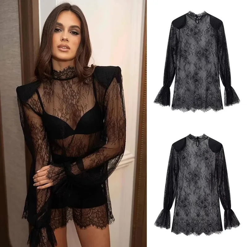 

Withered 2026 Summer European And American Style Fashion Lace Hollow Perspective Long Stand Up Collar T-shirt Top