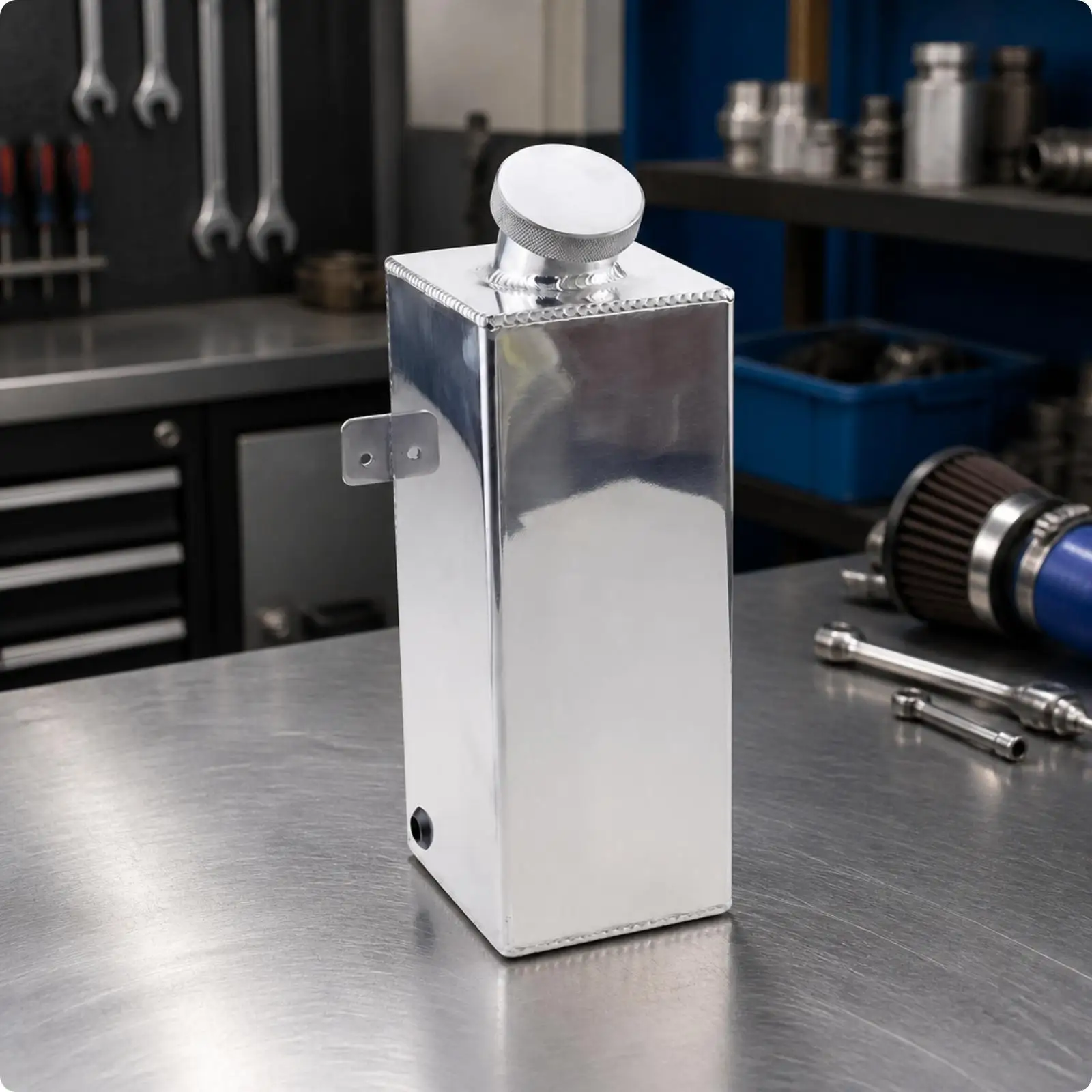 Radiator Coolant Overflow Tank 2L Silver Aluminum Welded Expansion Reservoir with Fill Neck for Custom Cars