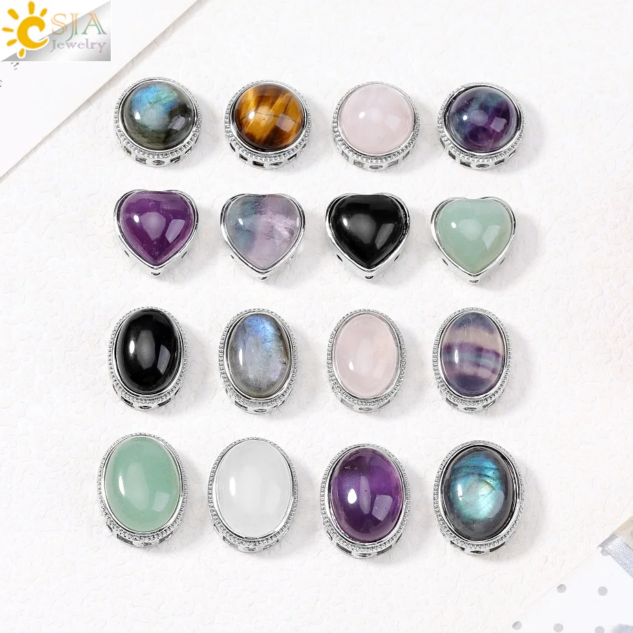 CSJA 1 Stück Naturstein Herz Runde Perlen Legierung Einfassung Charm Bead für Schmuckherstellung DIY Halskette Armband Anhänger Schlüsselanhänger H734