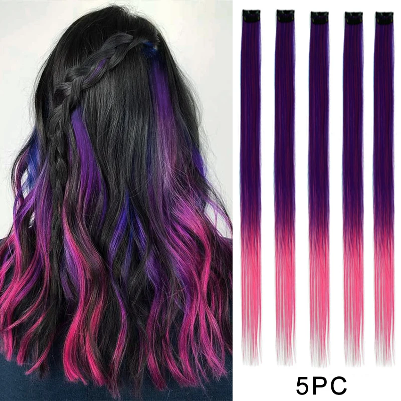 Colored Hair Extensions Multi Mix Colors Clip in Synthetic Highlight Party Hairpieces Ombre Colorful Rainbow Hair for Kids Girls