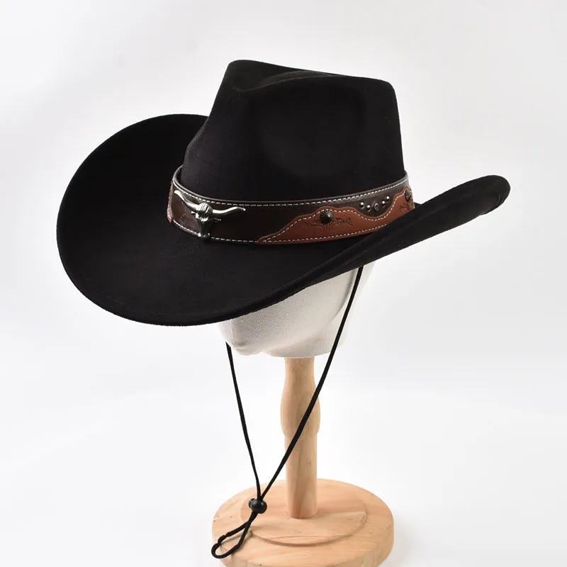 Vintage Big-edge Western Cowboy Hat with Bullhead Rivets Outdoor Gentleman Knight Hat Cowgirl Jazz Cap