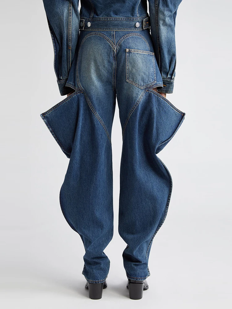 TWOTWINSTYLE Loose Hollow Out Denim Pants For Women High Waist Spliced Button Casual Wide Leg Jeans Female Fashion Clothing 2023
