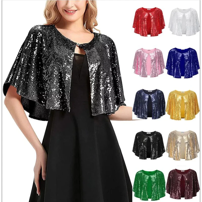 Lady lśniące cekiny ślub szal Lady Glitter Wrap wzruszając ramionami Party Cape zabawa w klubie Bolero klapa zakryć suknia wieczorowa na bal maturalny